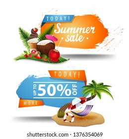 Two summer sale clickable banners with palm tree, hammock, beach umbrella, coconut cocktail, strawberry, raspberry, cherry and ice cream on palm leaf