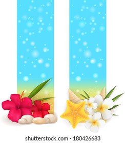 Two summer sand vertical banner with pebble stones, seashells and tropical flowers