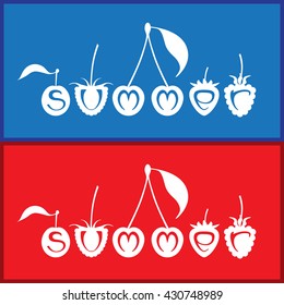 Two summer signs with berries on red and blue backgrounds. Vector illustration