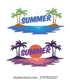 Two summer typography designs with tropical palm tree islands at day and sunset. Minimalist vector illustration of beach vacations with text, seagulls, and sunset reflection for travel banners.