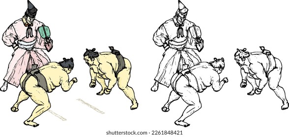 Two sumo wrestler in a sumo arena with the referee, isolated against white. Hand drawn vector illustration.