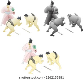 Two sumo wrestler face off in a sumo arena with the referee, isolated against white. 3D vector illustration.