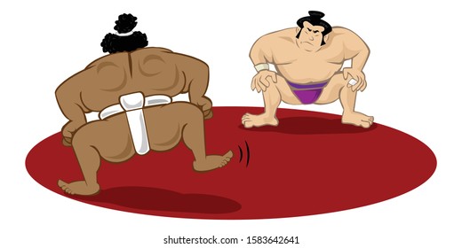 Two sumo wrestlers in the ring.