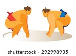 two sumo wrestlers stand in the fighting stance before the start of the fight