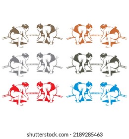 Two Sumo Wrestlers Stand In The Fighting Stance Before The Start Of The Fight Vector Illustration
