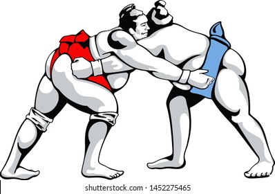 two sumo wrestlers struggle stylised