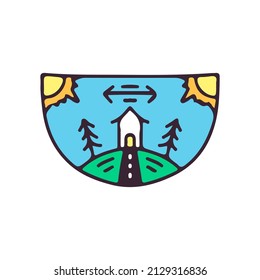 Two sun, camp, tree, and mountain, illustration for t-shirt, sticker, or apparel merchandise. With doodle, retro, and cartoon style.