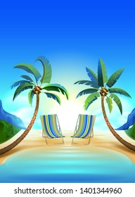 Two sun loungers and two palm trees on tropical beach. Vector cartoon illustration