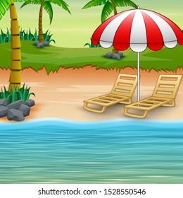 Two sun loungers and parasols on a seaside