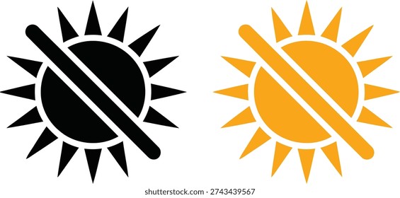 Two sun symbols with a line through them, one in black and one in yellow, indicating no sun or hot weather.