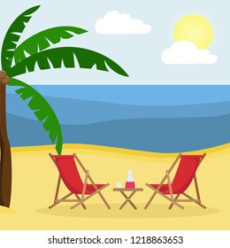 Two sunbeds with sun umbrella on the sandy beach with palm trees. Vector illustration.