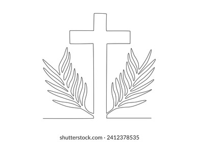 Two Sunday palm leaves and a cross sign. palm Sunday one-line drawing