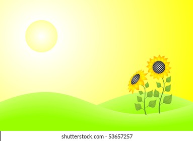 Two sunflowers on the green lawn
