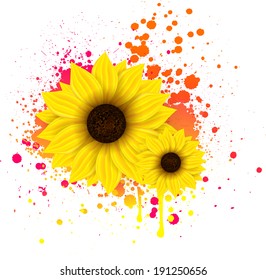 Two sunflowers on grunge splattered backround