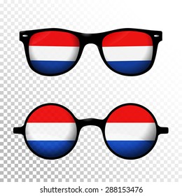 Two Sunglasses with Netherlands national flag lens. Round and squared frame