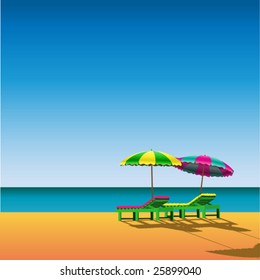 Two Sunloungers and Parasols on a Beach