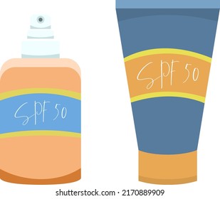 Two sunscreen bottles with SPF50 copy included, flat style, isolated on white background