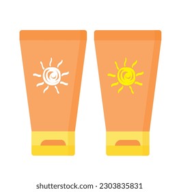 Two suntan lotion bottles with a sun draw on a white background with copy space