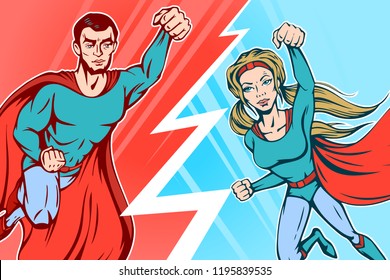 Two superheroes cooperation on red and blue background