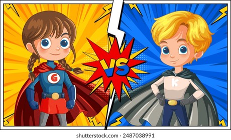 Two superheroes face off in a colorful battle