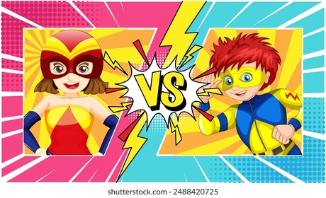 Two superheroes face off in a colorful battle