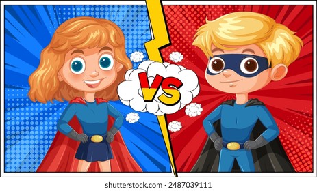 Two superheroes facing off in a comic style