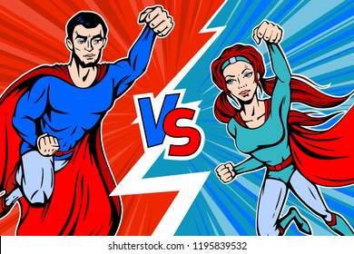 Two superheroes red and blue on versus background
