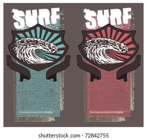 two surf poster with wave and shield