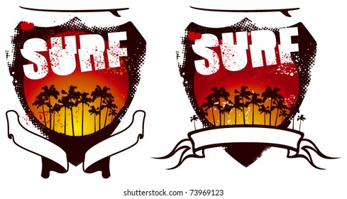 two surf shield with banner and sunset