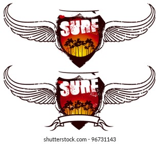 two surf shield with banner sunset and wings