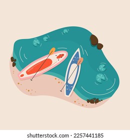 Two surf and sup boards and paddles on the beach. Summer water sport. The concept of summer vacation by the water, at the lake, at the sea. Flat vector.  