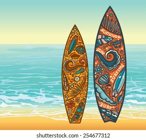 Two surfboards and beach on a blue sea. Vector summer holidays.