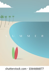 Two surfboards at the beach with palm trees and blue sea. Summer poster vector template. Eps10 vector illustration.