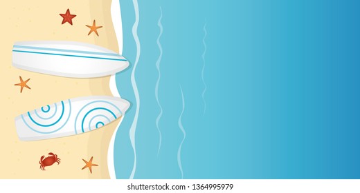 two surfboards on the beach with starfish summer holiday design with copy space vector illustration EPS10