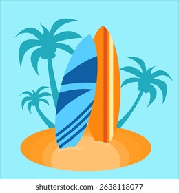 Two surfboards placed on the beach edge,
with tall coconut tree silhouettes behind,
flat art design style.
