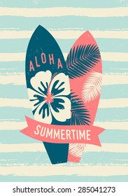 Two surfboards and a red banner with text "Summertime". Light blue and cream brush strokes texture.