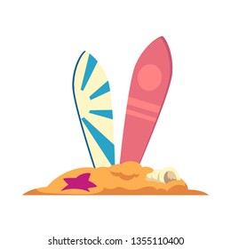 Two surfboards stand in the sand with a shell and a starfish, isolated vector illustration on white background.