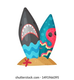 Two surfboards stand upright in the sand. Vector illustration on a white background.