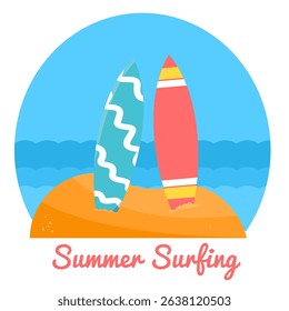 Two surfboards standing on a sand mound,
with ocean scenery in the background,
flat art design style.