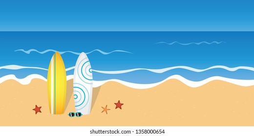 two surfboards and sunglasses on the beach with starfish vector illustration EPS10