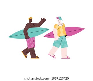 Zwei Surfer-Männer im Urlaub mit Surfbrettern - Cartoon-Freunde, die Surfbretter halten und sich einzeln auf weißem Hintergrund unterhalten. Flache Vektorgrafik.