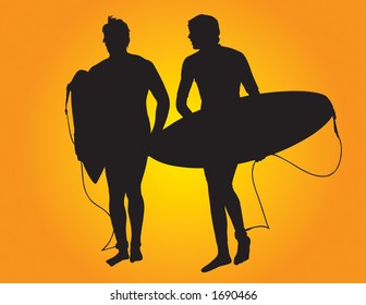 Two surfer vector silhouettes leaving after a long day surfing.  Both surfers are holding a surf board.