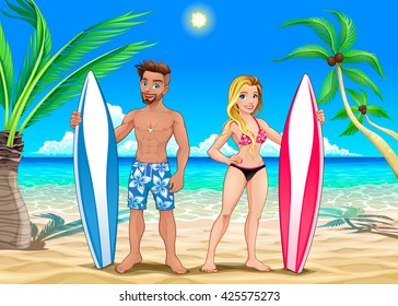 Two surfers on the beach. Vector cartoon illustration.