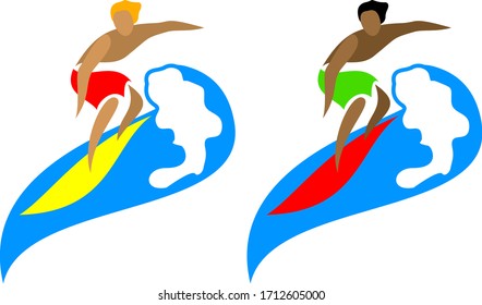 Two surfers, vector colorful art. Surfing as a lifestyle.