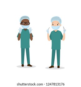 Two surgeon men,african american and caucasian male,doctor specialist isolated on white background,flat vector illustration