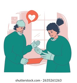 Dois cirurgiões discutindo o caso do paciente na ilustração do vetor da sala de cirurgia