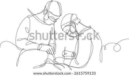 Two surgeons operate on a patient. Continuous line illustration on white background.	
