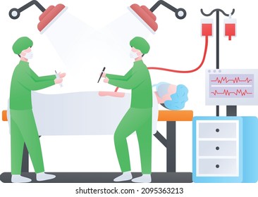 Two Surgeons Performing Operation In Hospital Operating Room Concept Vector Icon Design, Medical And Healthcare Scene Symbol, Disease Diagnostics Sign, Doctor And Patient Characters Stock Illustration