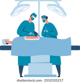 Two surgeons wearing surgical masks, gowns, and gloves are performing a surgical operation on a patient lying on an operating table under bright surgical lights