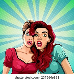 Two surprised and shocked young women with wide open eyes and mouthes, vector illustration in pop art comic style